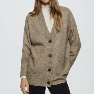 S, MNG (Mango) Oversized Tan Cardigan Sweater